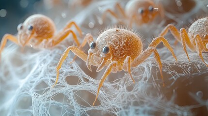 A macro shot of a small orange spider with fine hairs, surrounded by silk webs and other tiny arachnids, against a soft blurred background.