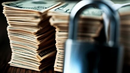 Leinwandbilder - A metal lock rests securely on top of stacked cash, symbolizing the importance of privacy and protection in banking. The wooden table adds warmth to this representation of financial security.