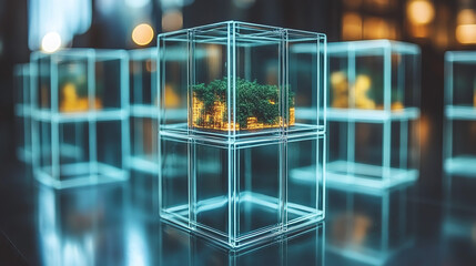 Glowing cube containing greenery displayed on a reflective surface indoors