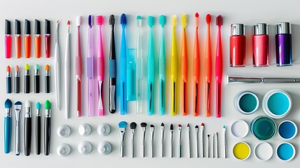 Poster - Vibrant collection of colorful manicure tools and nail polishes arranged neatly on a light surface for nail care enthusiasts Generative AI