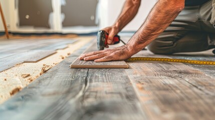 Poster - Worker replacing old flooring with high-quality laminate and hardwood in a residential space during home renovation project Generative AI