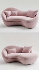 Poster - Elegant pink sofa with a wavy design is captured in a minimalist space, inviting relaxation. Soft cushions enhance its contemporary aesthetic and tactile appeal