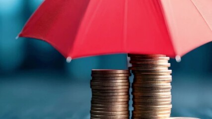 Poster - A red umbrella stands over stacks of coins, symbolizing protection and security in banking. This arrangement highlights the importance of privacy and safeguarding finances in uncertain times.