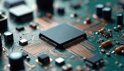 Poster - Close-up macro photo of green circuit board with electronic components. Motherboard, computer microchips, processor, conductors. Digital technologies, engineering concept. High tech background for