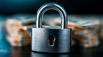 Fototapete - A padlock prominently placed in front of bundles of cash emphasizes the importance of securing finances. This image highlights the need for privacy and security in banking.
