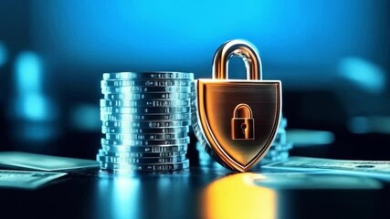 Leinwandbilder - A golden shield lock stands prominently among stacks of coins and dollar bills, symbolizing banking privacy and financial security. This arrangement highlights the importance of safeguarding assets.