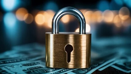 Fototapete - A shiny lock rests on a spread of banknotes, symbolizing security and protection of financial assets. The soft blue and golden lights create an atmosphere of trust and confidentiality.