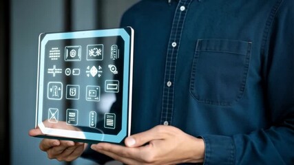 Poster - AI-Powered Customer Service: Businessman Analyzing Feedback Data with Chatbot. Streamlining Support, Improving Customer Experience, Data-Driven       