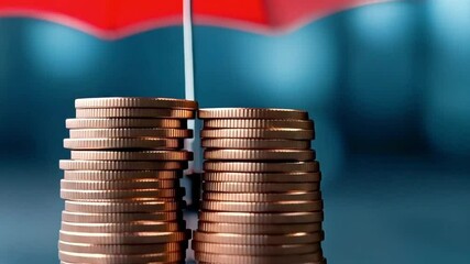 Aufkleber - A red umbrella stands over a small pile of coins, symbolizing protection and privacy in banking. The blurred background adds a sense of calm, emphasizing financial security and safeguarding assets.