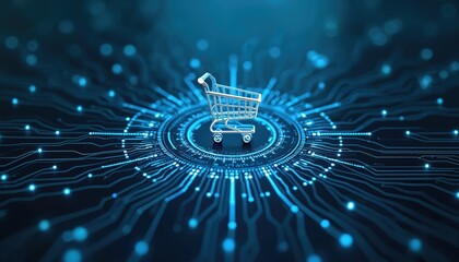 Poster - futuristic e-commerce growth concept. digital nodes network connects around central shopping cart on