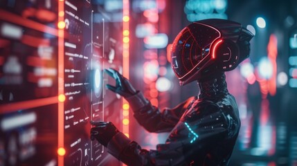 Fototapete - Futuristic robot interacting with digital interface in a vibrant neon cityscape at night
