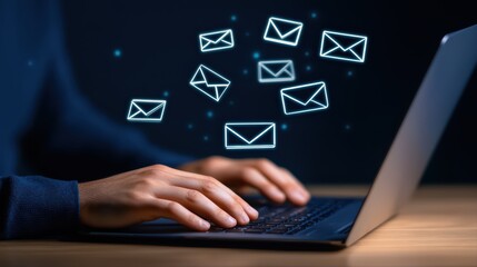 Poster - Concept of Email Marketing with Hands Typing on Laptop Surrounded by Floating Email Icons