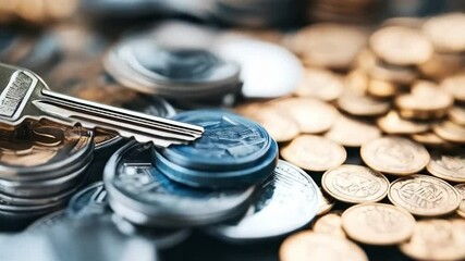 Leinwandbilder - A collection of coins neatly stacked with a key resting on top, emphasizing the importance of privacy and security in financial transactions. This setup suggests a focus on safeguarding wealth.