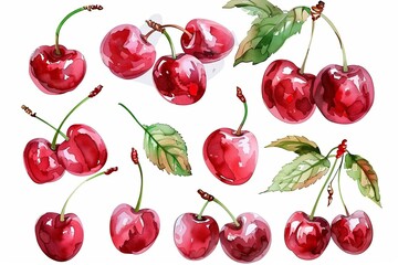 Poster - Collection of vibrant cherries in watercolor style showcasing red fruit and green leaves isolated on a white background Generative AI