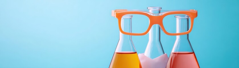 Poster - Scientist in Lab with Colorful Flasks and Orange Glasses, Curious Mouse Observing Concept