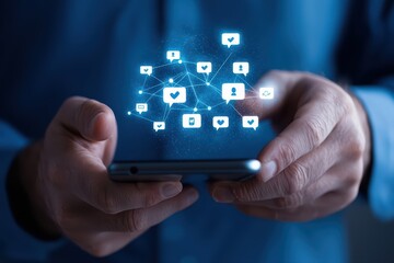 Poster - Social Media Marketing Concept with Smartphone and Floating Icons Illustrating Connections