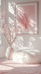 Poster - Sunlight filters through the window, casting shadows on a cozy corner adorned with spring blossoms in a vase and a fluffy rug. A tranquil atmosphere invites relaxation and creativity