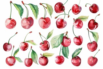 Aufkleber - Collection of cherries in watercolor style featuring various shapes and sizes on a white background perfect for design work Generative AI