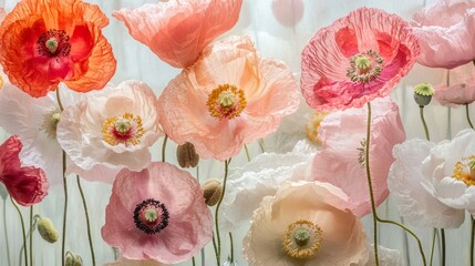 Poster - Delicate poppy flowers in shades of red, pink, and white sway gently in a warm breeze, their intricate petals glowing softly under the sunlight in a peaceful garden setting