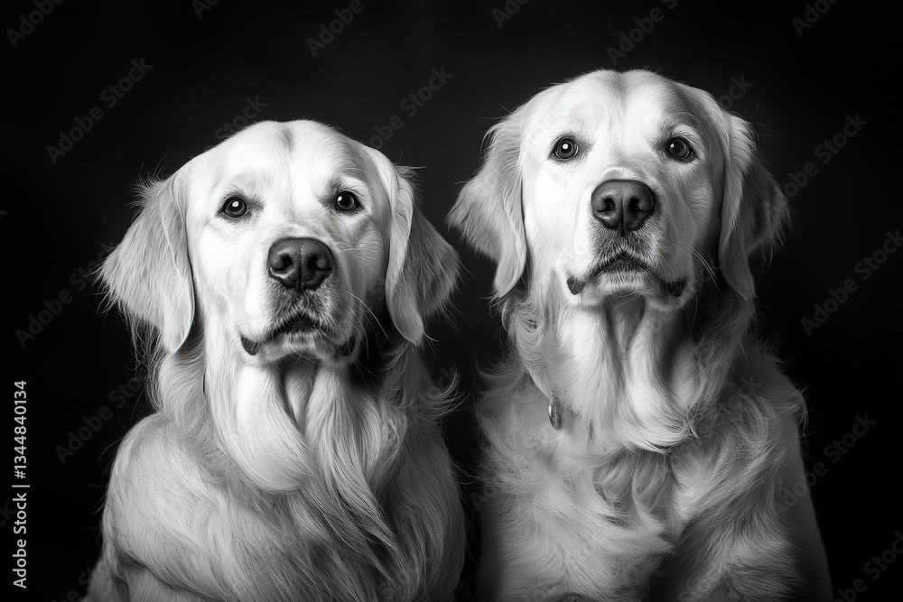 Two golden retrievers sit side by side, looking directly at the camera. Their expressive eyes and fluffy coats create a heartwarming moment. The background is a simple dark tone.