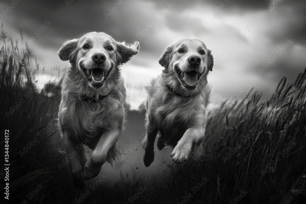 Two golden retrievers run with excitement through a lush green field. Their fur glistens in the muted light as they playfully chase each other, surrounded by tall grass and stormy skies.