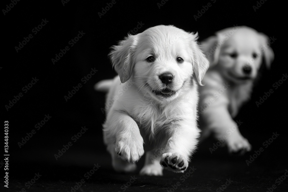 Two adorable golden retriever puppies are playfully running towards the camera in a studio environment with a dark background.