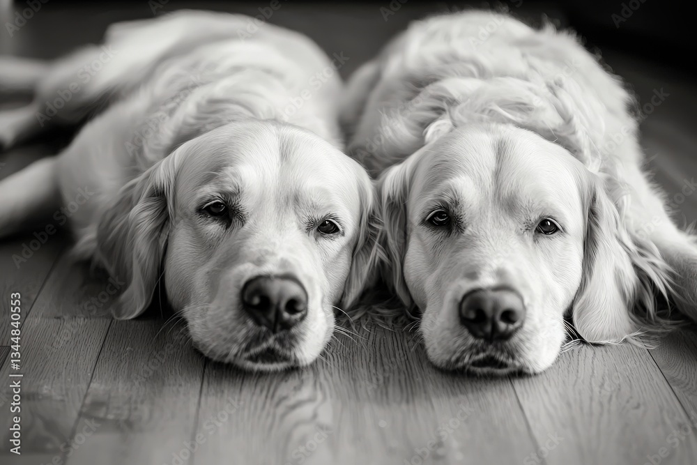 Two golden retrievers lay side by side on a wooden floor, their expressions calm and serene. Soft light fills the space, highlighting their fur and a relaxed atmosphere.