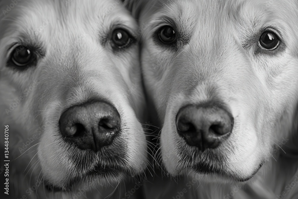 Two golden retrievers display their affectionate bond with close faces and soft fur. Their expressive eyes shine with warmth and loyalty, capturing the joy of their friendship.