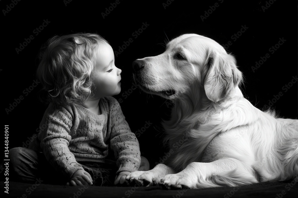 A young child leans in closely, gently touching noses with a golden retriever. The warm bond captures the essence of friendship and innocence in a soft monochrome setting.