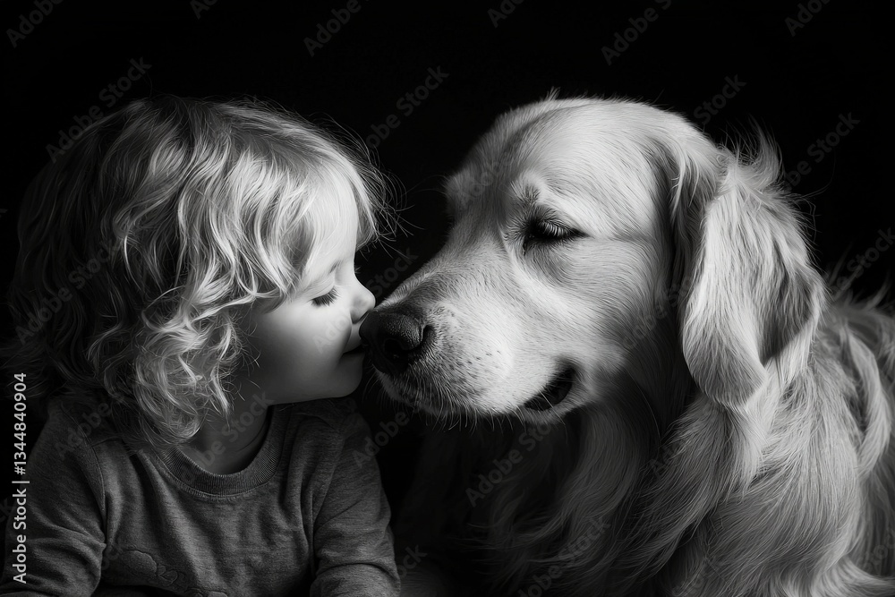 A young child and a golden retriever share an affectionate close encounter. Both have gentle expressions, with the child leaning in to touch noses with the dog, creating a heartwarming bond.