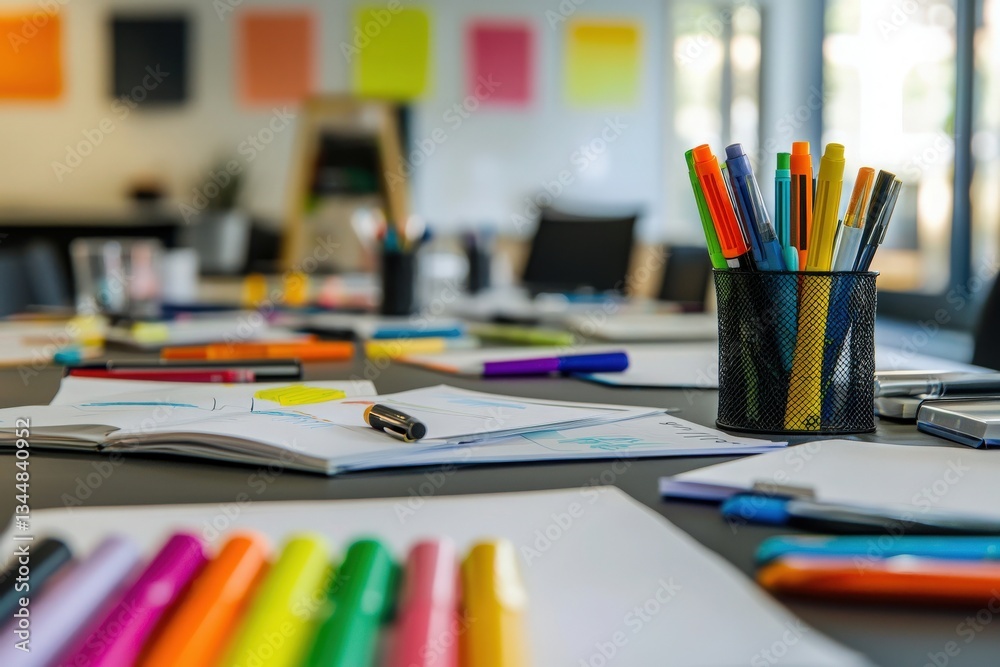 A vibrant workspace is filled with bright markers, pens, and notebooks arranged on a table. Nearby, sticky notes in various colors adorn the walls, inspiring creativity during collaborative sessions.