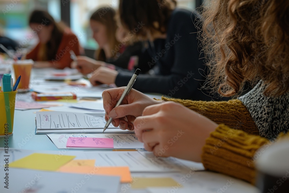 A group of individuals works on various creative projects at a spacious table. They write, sketch, and brainstorm together, surrounded by colorful notes and stationery as they collaborate.