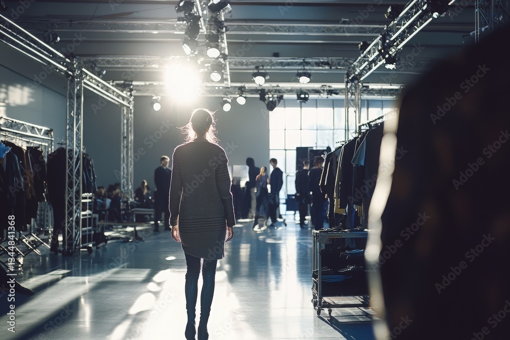A model walks through a well-lit exhibition area filled with clothing displays, showcasing contemporary fashion designs during a vibrant fashion event.