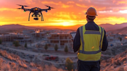Poster - Drone conducts detailed survey over construction site at sunset