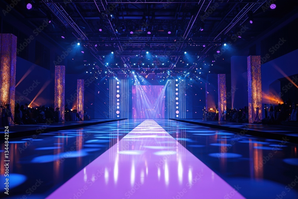 A spacious venue is prepared for a fashion show, featuring a long runway illuminated by dynamic lighting. Elegant columns frame the runway, creating an atmosphere of excitement and anticipation.