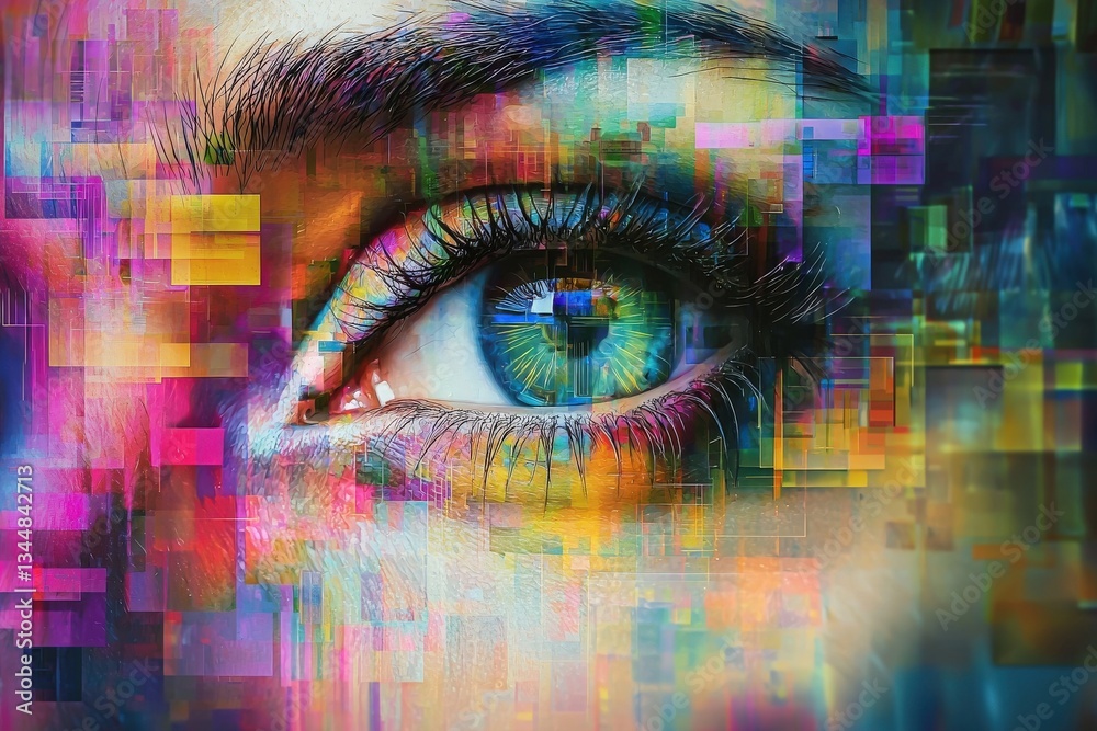 A close-up view of a human eye featuring striking, colorful digital patterns and geometric shapes. The combination creates a mesmerizing visual effect, symbolizing perception and creativity.