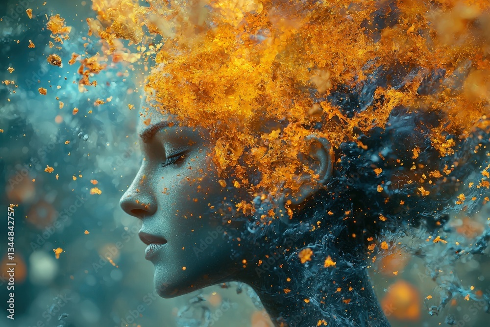 A serene profile of a woman surrounded by vibrant orange and blue fragments. The abstract elements blend with her features, enhancing a surreal atmosphere in a tranquil setting.
