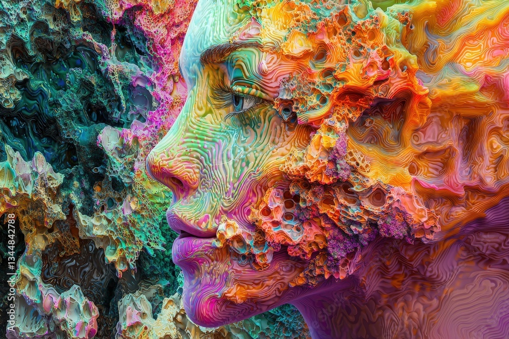 A colorful abstract portrait features a stylized face merging with intricate organic shapes. The vibrant colors and patterns create a surreal visual experience, evoking a sense of transformation.