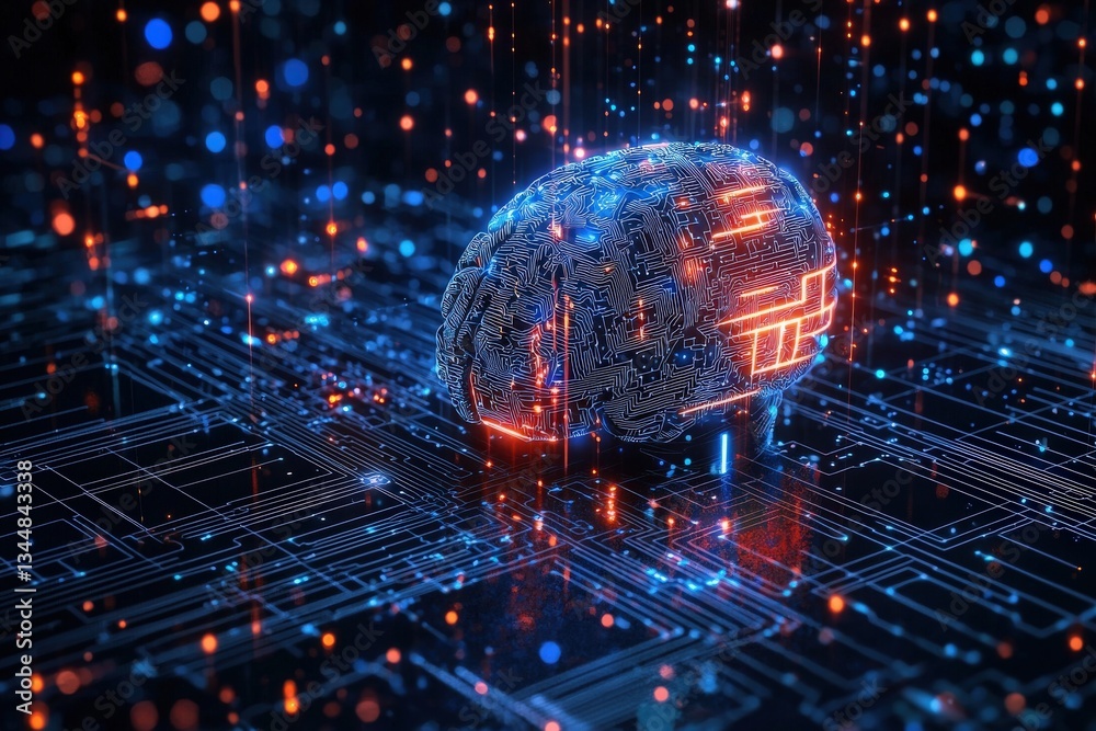 This artwork showcases a stylized brain composed of circuit patterns, glowing with vibrant blue and orange lights.