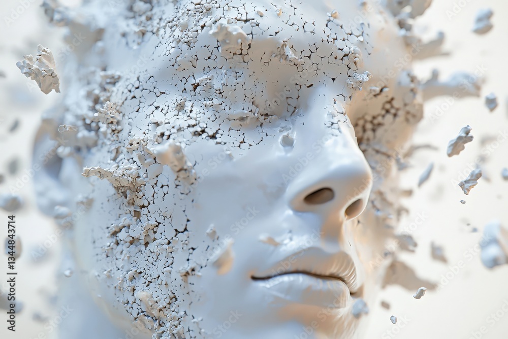 A white sculptural face, cracked and fragmented, appears to be breaking apart. The details showcase a smooth texture and subtle expressions, creating an intriguing visual effect.