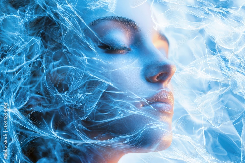 A serene woman appears with her eyes closed, enveloped in an ethereal blue mist. The soft glow enhances her facial features, creating a mystical and calming ambiance.