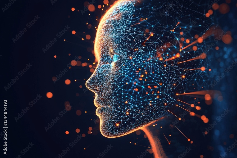 A digital representation of a human face constructed from glowing blue and orange lines and nodes.