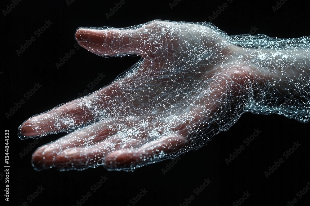 A hand is displayed prominently against a black background, covered with a glowing mesh of interconnected lines and dots, symbolizing technology and digital connectivity.