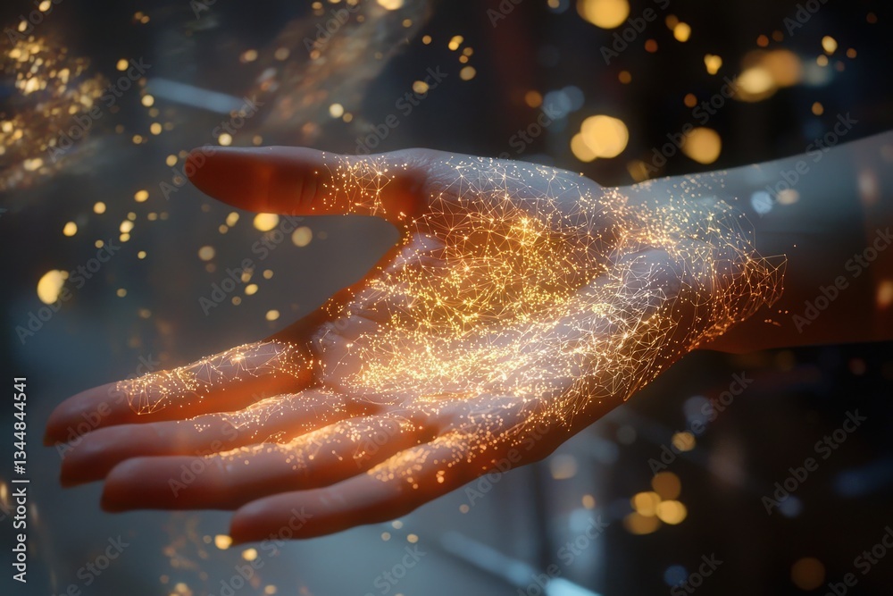 A hand outstretched toward the viewer is covered in glowing particles, creating a mesmerizing effect reminiscent of magic. The background is softly blurred, enhancing the ethereal quality.