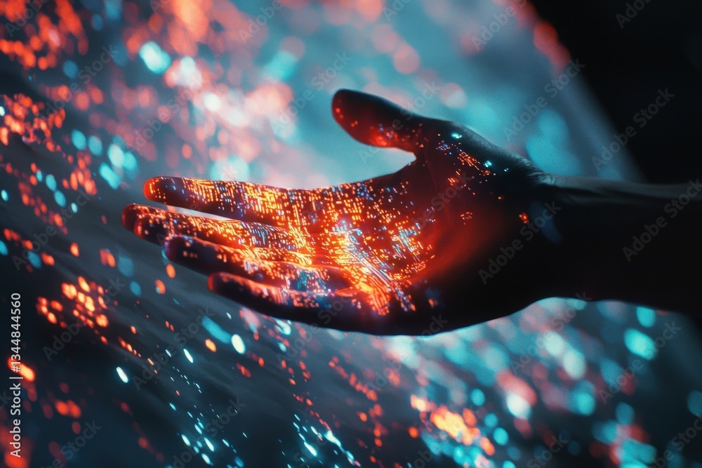 A hand is extended, with vibrant digital patterns glowing in red and blue, creating a mesmerizing contrast against a dark background. The composition evokes a sense of technology and innovation.