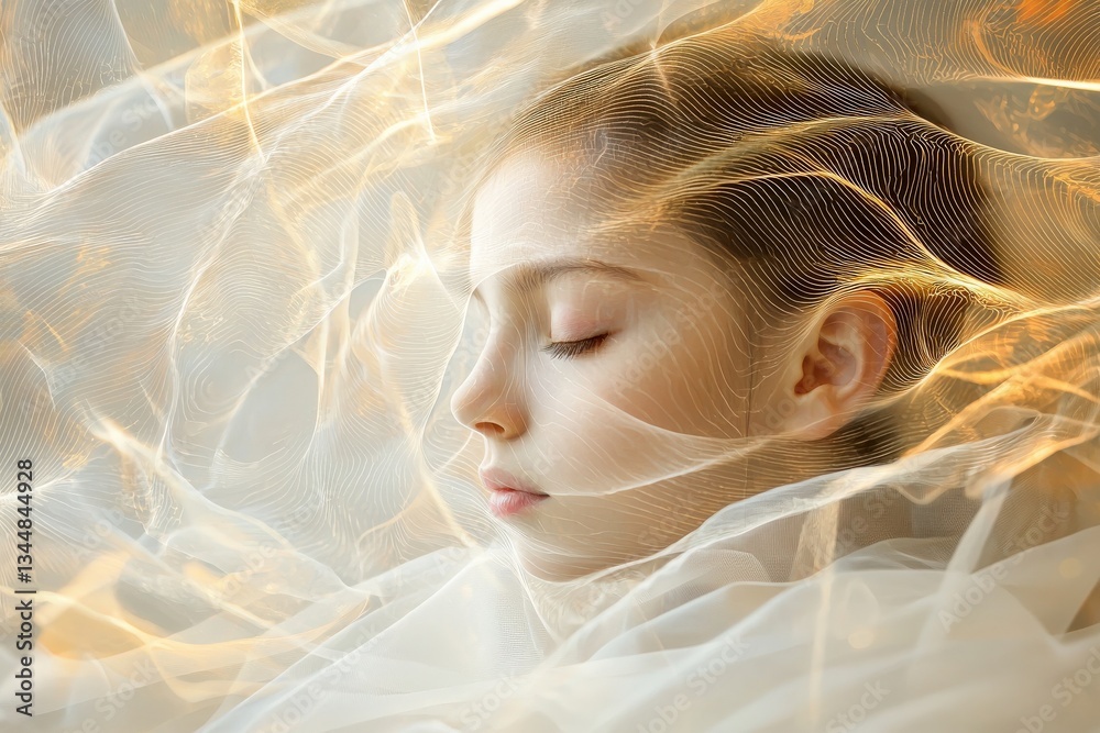 A serene young girl rests with her eyes closed, enveloped in delicate, translucent fabric. Warm golden light adds an enchanting aura, creating a tranquil and dreamlike atmosphere.