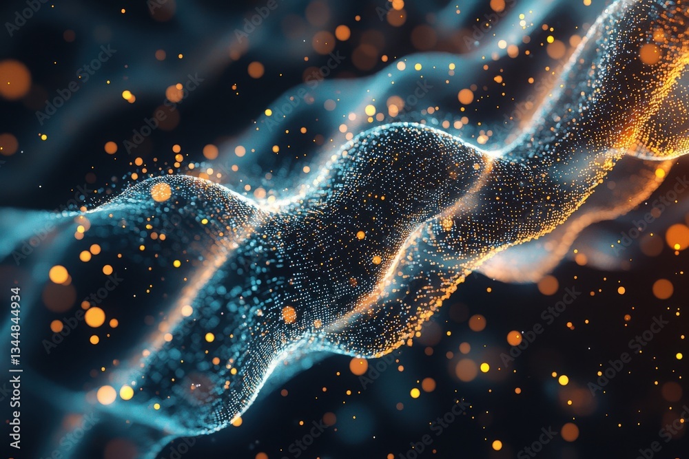 A dynamic wave of luminous particles undulates gracefully against a dark backdrop, creating a mesmerizing effect. The glowing elements shift in color and shape, showcasing intricate details and depth.