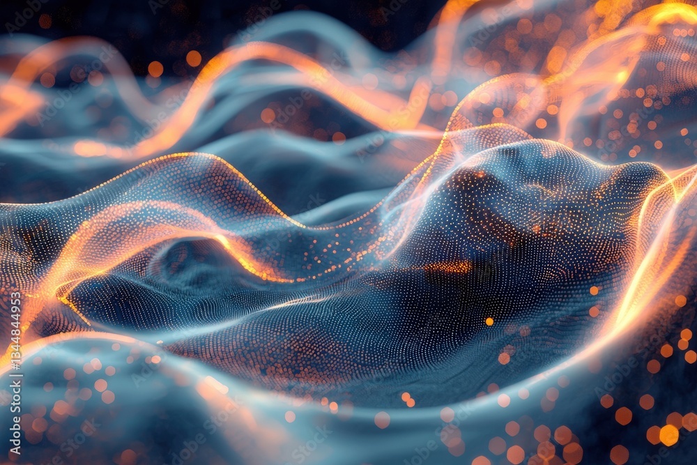 Vivid waves of light undulate through a dark space, glimmering with bright particles. The flowing patterns resemble a digital terrain, blending colors and creating a dynamic visual experience.