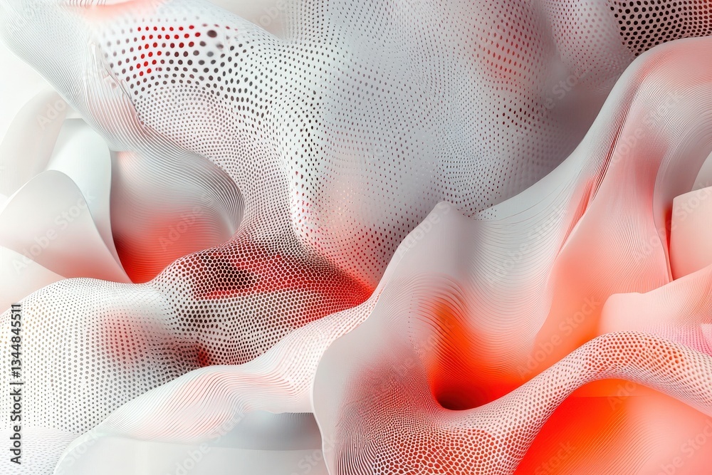 A captivating abstract composition features fluid shapes in white and orange hues, creating a dynamic pattern. The design evokes a sense of motion and depth while maintaining an ethereal quality.