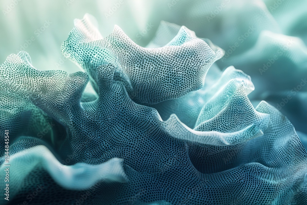 Delicate, translucent textures rise and fall like waves, displaying intricate patterns in varying shades of blue. The surface appears soft and fluid, evoking underwater landscapes.